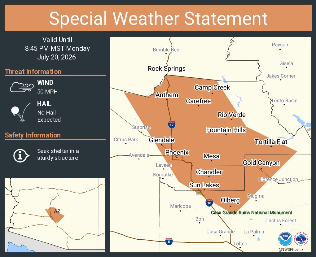 NWSPhoenix's tweet photo. A special weather statement has been issued for Phoenix AZ, Mesa AZ and  Chandler AZ until 8:45 PM MST https://t.co/0tkuY8DEop