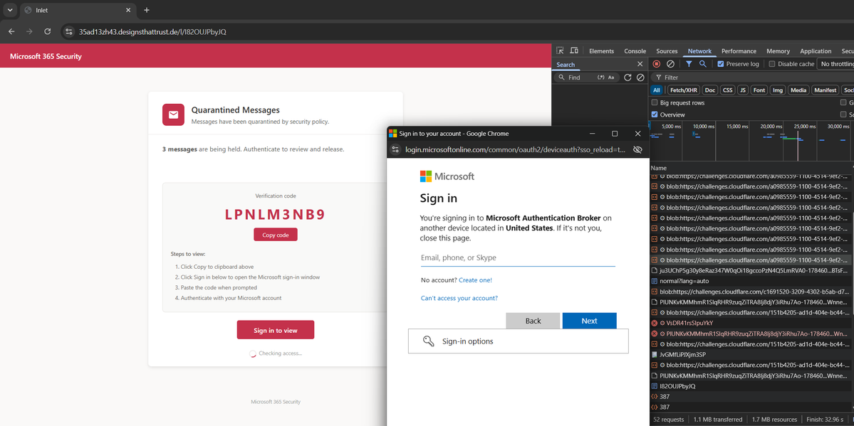 Z3r0b3c's tweet photo. 🚨 ZeroBEC caught another Kali365 phishing attempt.

A fake delivery notification led to a counterfeit Microsoft 365 quarantine page, then abused the legitimate device-code flow to authorize an attacker-controlled session.

IOCs:
hxxps://pkecm[.]com/detailings/
hxxps://35ad13zh43[.]designsthattrust[.]de/l/I82OUJPbyJQ
hxxps://35ad13zh43[.]designsthattrust[.]de/api/status/389

Never enter a device code supplied by email. #Phishing #Microsoft365