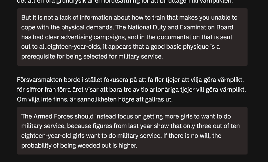 EndConscription's tweet photo. Interesting piece by @brassmannen on Sweden's struggle to boost the number of female conscripts. He argues that the Armed Forces that focus on perfecting gender equality will lose their focus on winning wars. https://t.co/UAJLQTQWYp