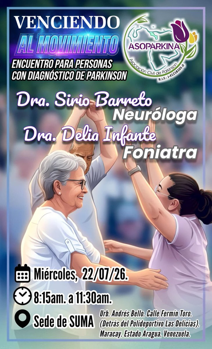 asoparkina's tweet photo. Invitación para pacientes con condición de PÀRKINSON, de.Maracay.

  NUNCA ESTAREMOS SOLOS https://t.co/QBoQAm5FmV