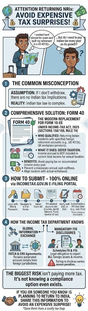 rita_dodhia's tweet photo. https://t.co/YTlBQxFrD2
Returning to India can feel like a dream, but your US 401(k) or UK pension can quickly become a tax nightmare. 📉
#NRIReturn #Form40 #IndianTax #FinancialPlanning #TaxCompliance #GlobalWealth
#rchallcompliances https://t.co/PR13JjXqQa