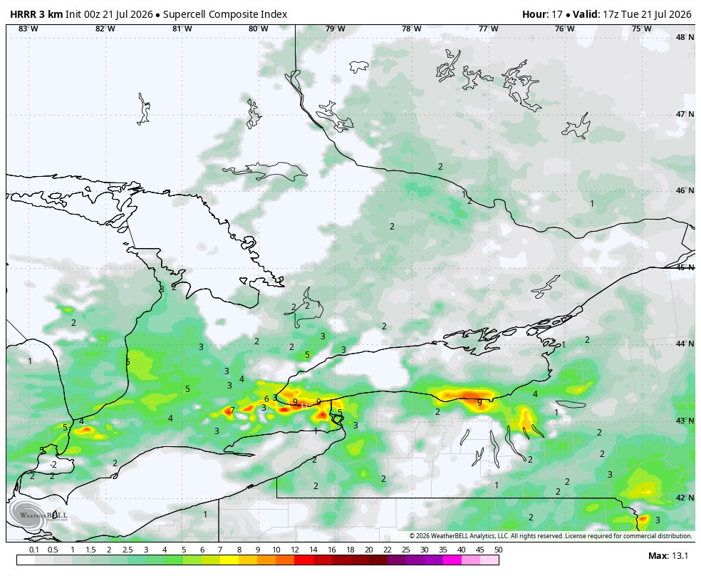 WxOntario1's tweet photo. Update on tomorrows Severe Storm potential 👇

Models continue to show several rounds of storms tomorrow across Southern #Ontario

The atmosphere looks to recover after the eaely morning storms leading to significant CAPE (fuel) for the afternoon across SW/ Central Ont and the #GTA

At this point, the severe risk is looking isolated rather than widespread

The #Kincardine to #Cornwall and south has the best chance at seeing severe storms

Main risks: torrential rain (20-40+mm), strong wind gusts (90+km/hr) and large hail (2+cm). A brief tornado cannot be rulled out

Will have another update in the morning

#OnWX #ONStorm