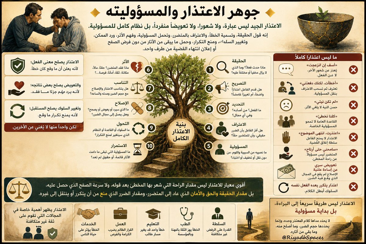 RiyadhTranslate's tweet photo. 🔶 جوهر #الاعتذار والمسؤوليته
🔸 الاعتذار كما ينبغي أن يكون..

الاعتذار الجيد ليس عبارة، ولا شعوراً، ولا تعويضاً منفرداً، بل نظام كامل للمسؤولية.

إنه قول الحقيقة، وتسمية الخطأ، والاعتراف بالمتضرر، وتحمل المسؤولية، وفهم الأثر، ورد الممكن، وتغيير السلوك، ومنع التكرار، وحمل ما يبقى من الآثار من دون فرض الصفح أو إعلان انتهاء القضية من طرف واحد.

🔹 الاعتذار يصلح معنى الفعل؛ لأنه يعلن أن ما وقع كان خطأ.

🔹 والتعويض يصلح بعض نتائجه؛ لأنه يرد جزءاً مما فقد.

🔹 وتغيير السلوك يصلح المستقبل؛ لأنه يمنع تكرار ما وقع.

لكن واحداً منها لا يغني عن الآخرين.

📍 أقوى معيار للاعتذار ليس مقدار الراحة التي شعر بها المخطئ بعد قوله، ولا سرعة الصفح الذي حصل عليه، بل مقدار الحقيقة والحق والأمان الذي عاد إلى المتضرر، ومقدار الضرر الذي منع من أن يتكرر أو ينتقل إلى غيره.

📌 فالاعتذار ليس طريقاً سريعاً إلى #البراءة، بل بداية مسؤولية لا يحدد مداها كلام المعتذر وحده، وإنما يحددها حجم الضرر، وما أصلح منه، وما بقي من آثاره.