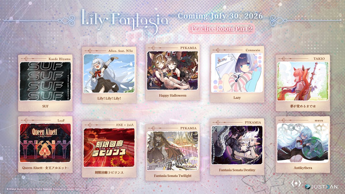 lilyfantasia_en's tweet photo. ✧･ﾟ: 【Practice Room｜Track Reveal Part 2】:･ﾟ✧

𓂃 𓈒𓏸 Let your fingertips play the unknown melody 𓏸𓈒 𓂃

𝄞  Practice Room Tracks Part 2 𝄞

♪ SUF by Kaede Hiyama
♪ Lily! Lily! Lily! by Alice. feat. N!lo
♪ Happy Halloween by PYKAMIA
♪ Lazy by Connexio
♪ 夢が覚めるまでは by TAKIO
♪ Queen Aluett - 女王アルエット- by LeaF
♪ 刻限回廊ラビリンス by ΛNE + 2riΛ
♪ Fantasia Sonata Twilight by PYKAMIA
♪ Fantasia Sonata Destiny by PYKAMIA
♪ Antikythera by muyu

⋆｡°✩ Coming July 30, 2026 ✩°｡⋆