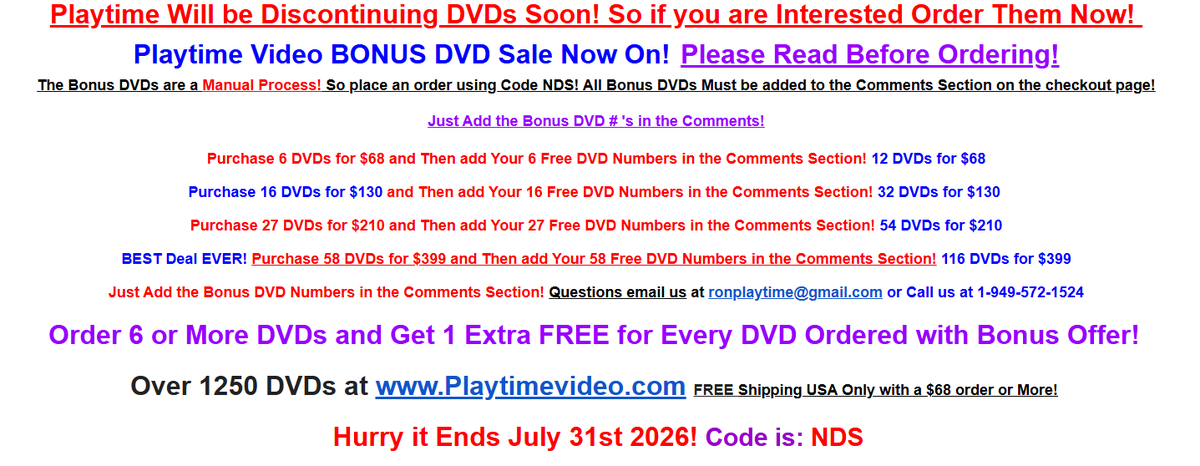 playtimevideo's tweet photo. **Playtime DVD Last Chane Sale Now On!**

Get Over 30 Years of Playtime DVD's at a Huge Discount!

12 DVDs for Only $68 with Free Shipping!

Over 1200 of them at https://t.co/88zKiHKyaB

See Details Blow! Code is: NDS https://t.co/P4NWRjjYrn