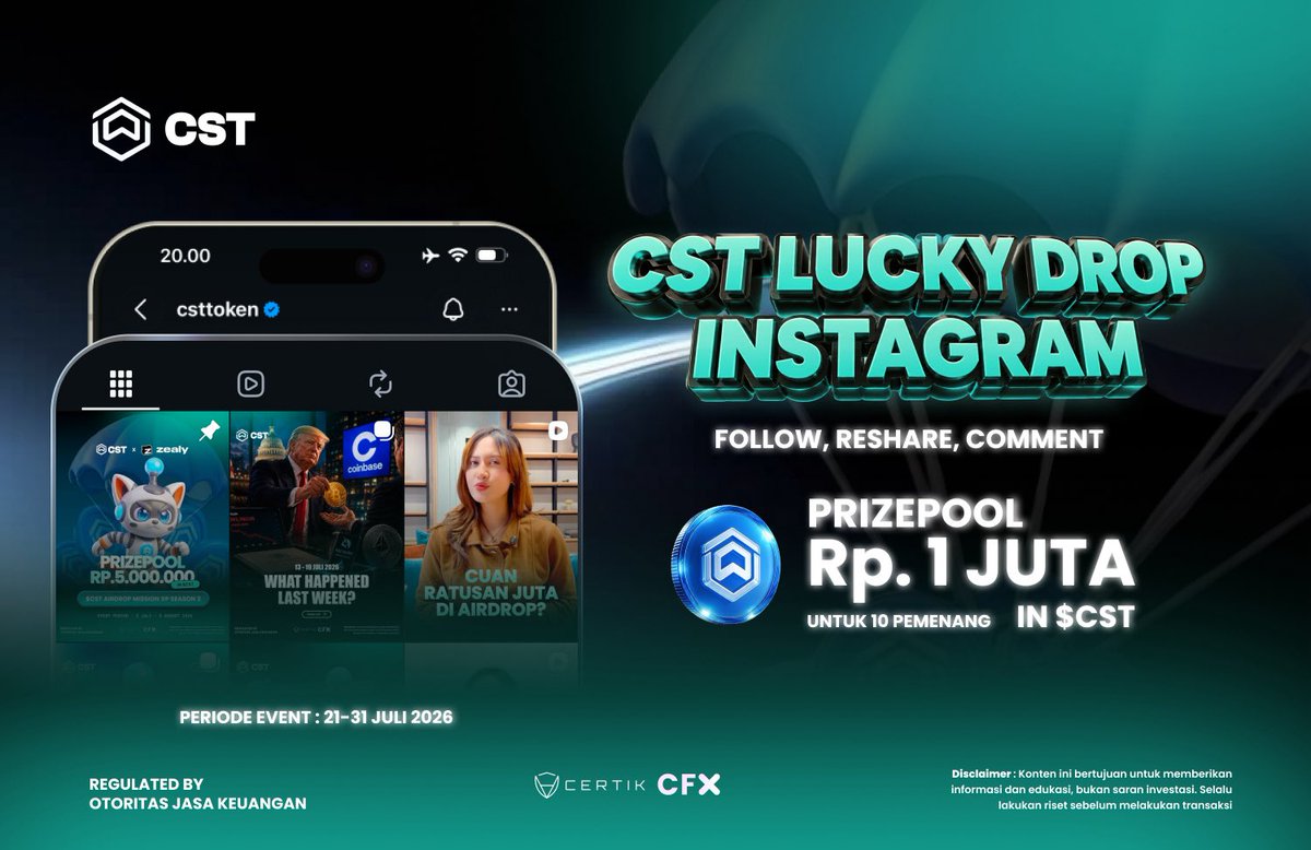 csttoken's tweet photo. 🎁 CST Lucky Drop Instagram

It's your time to get lucky, CSTizens! 🍀
Ikuti langkah berikut untuk kesempatan memenangkan hadiah dari CST:

✅ Follow @csttoken
🔄 Reshare postingan ini ke Story/ reshare/ retweet 
💬 Comment "DONE" di postingan ini

🎁 Total hadiah: Rp 1.000.000 in $CST
🏆 10 Lucky Winners
📅 Periode: 20 – 31 Juli 2026

Don't miss your chance. Good luck, CSTizens! 🍀

#CSTToken #CryptoIndonesia #Giveaway #Web3