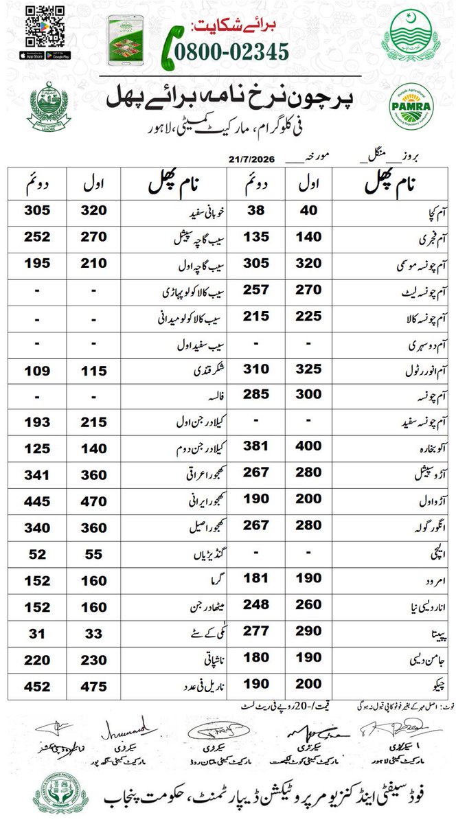 DCLahore's tweet photo. مورخہ 21 جولائی 2026؛ اشیاء خورونوش کی ریٹ لسٹ جاری کر دی ہے۔  شہری ڈی سی کنٹرول روم نمبر 03070002345 یا سوشل میڈیا پر براہ راست رابطہ کریں۔ 
#FoodPrices #LahoreAdministration #ConsumerRights #FairPricing #PriceHikeControl https://t.co/wfXSbmKiy3