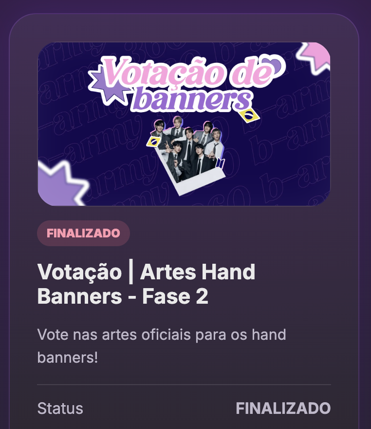 itsjeonjm's tweet photo. 📢 A votação da Fase 2 foi encerrada! 💜

Obrigado a todos que participaram de mais uma etapa da escolha das artes oficiais dos hand banners dos shows do BTS no Brasil. Cada voto foi essencial para chegarmos à reta final do projeto!

🗓️ Dia 21 de julho, às 16h, será divulgada a parcial com as 10 artes classificadas de cada frase, que avançam para a última etapa da votação.

🏆 A grande final será aberta no dia 22 de julho, às 12h, quando vocês poderão escolher as artes vencedoras que estarão presentes nos hand banners dos shows.

Fiquem atentos às nossas redes sociais e continuem acompanhando todas as atualizações. Estamos cada vez mais próximos de definir as artes oficiais! 💜🇧🇷

#BARMY360 #BARMY360HandBanners