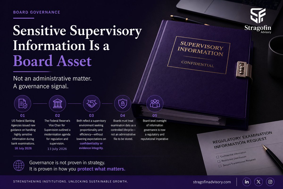 stragofin's tweet photo. Sensitive supervisory information is no longer simply a regulatory obligation; it is a board asset. US Federal Banking Agencies' 16 July 2026 joint statement makes the point directly: proportionality without any relaxation of confidentiality or evidence integrity.#BoardGovernance https://t.co/ajCGy0SgPv