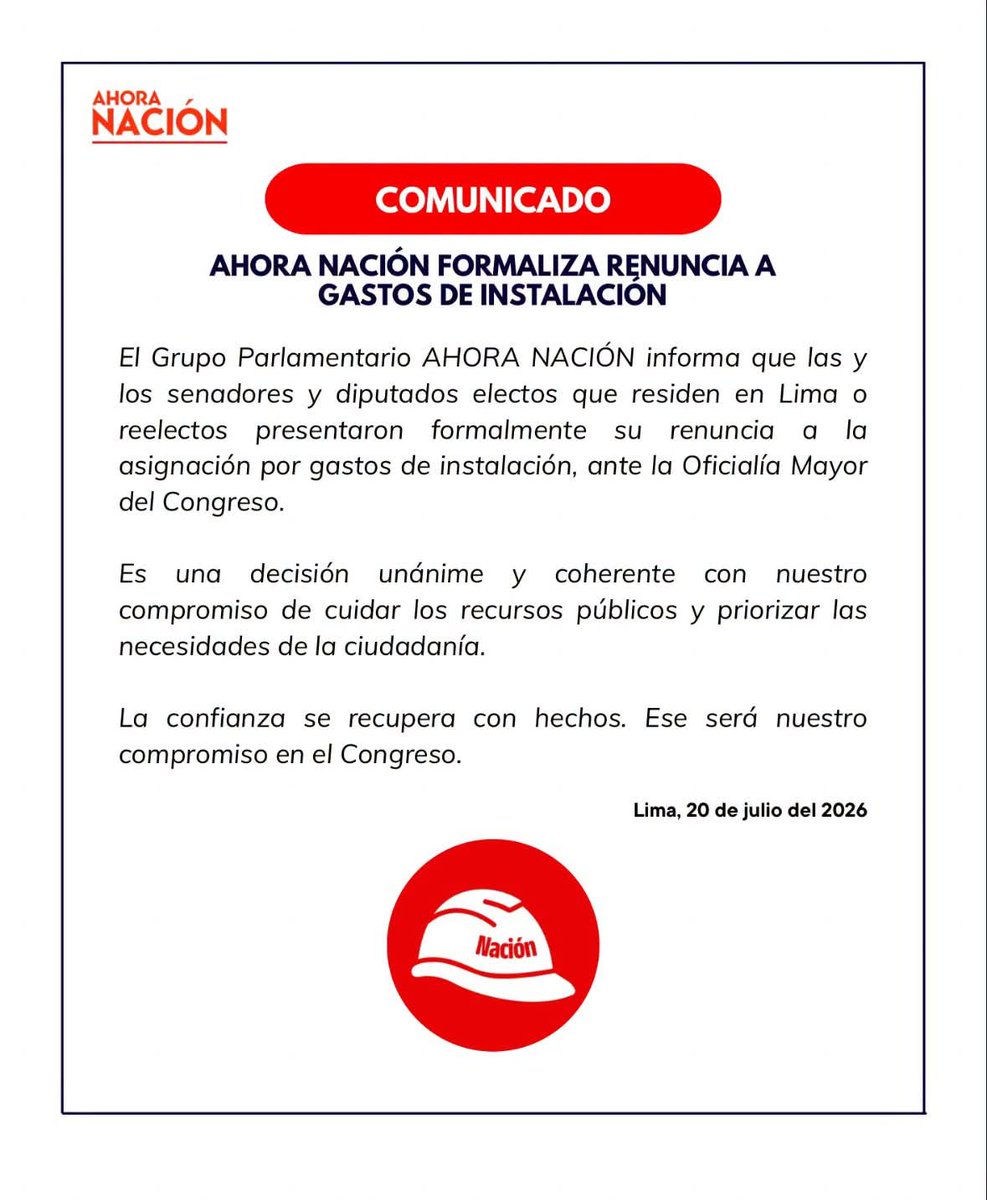 CarloMagno21's tweet photo. El Grupo Parlamentario de @Ahora_Nacion, por decisión unánime, formaliza renuncia a gastos de instalación: los senadores y diputados electos que residen en Lima o reelectos presentaron formalmente su renuncia a la asignación por gastos de instalación, ante la Oficialía Mayor del Congreso.