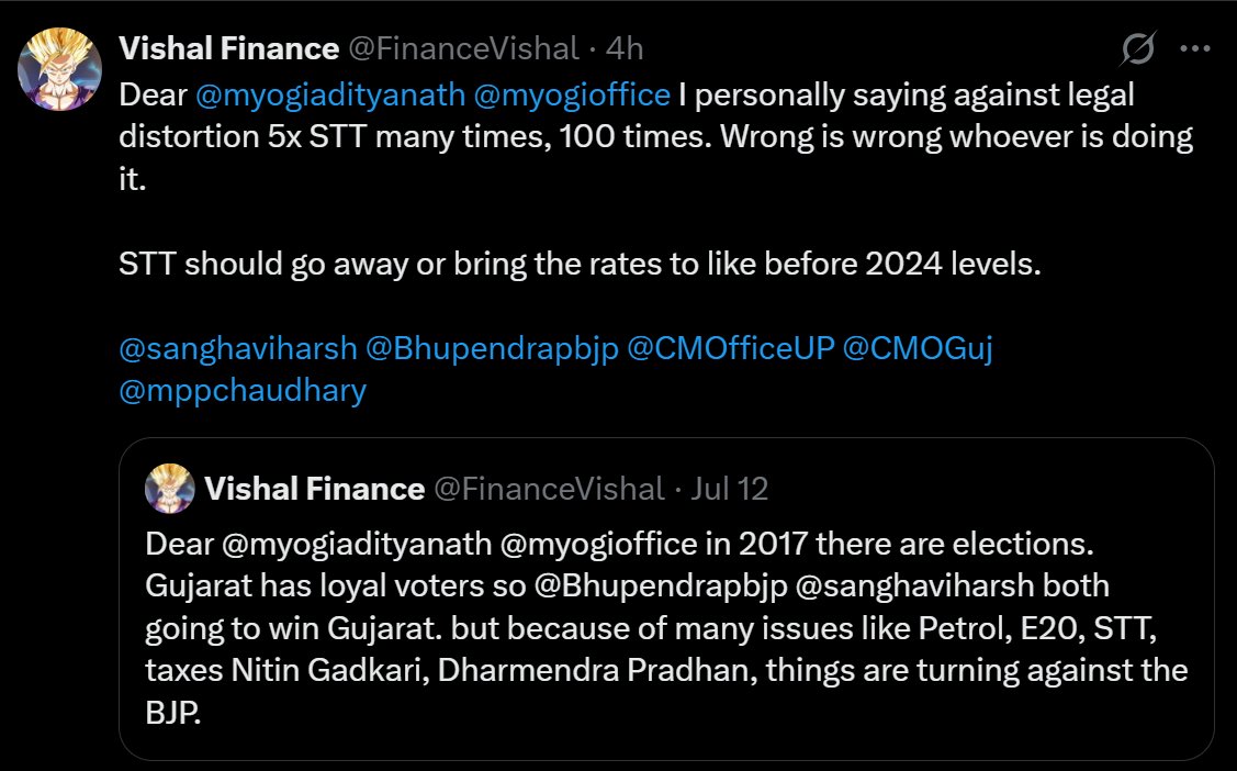 FinanceVishal's tweet photo. @saumya1singh I have personally tagged about STT double taxation hundreds of times. Hundred times to all the levels. mostly all the concerned ministry. But who cares? Legal distortion normalized. Tax distortion became the new normal. https://t.co/cnUMM3twNF