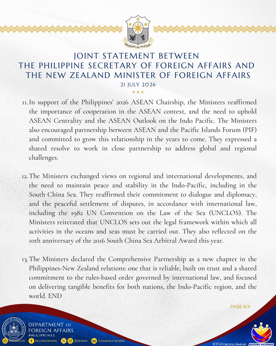 DFAPHL's tweet photo. READ #DFAStatement: Joint Statement between the Philippine Secretary of Foreign Affairs and the New Zealand Minister of Foreign Affairs.

Also found in this link 👉🏻 https://t.co/Agqg5gdOIS

The Roadmap is found in this link 👉🏻https://t.co/VFmVyI6NAs

#DFAForgingAhead https://t.co/37Qz7sOkmo