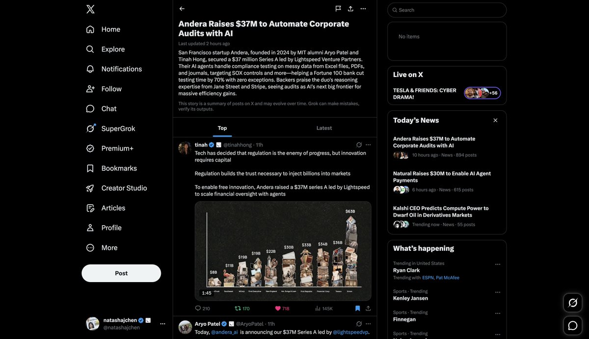 natashajchen's tweet photo. Wow - huge thank you for the incredible support for Andera's Series A launch today on X.  Surreal to see our launch trending as the top story today 🚀

We're hiring engineers; come join our team!

Build alongside an incredible high-agency team of SWEs and ex-quants with experience from Jane Street, Microsoft, Stripe, NVIDIA, ByteDance, 
with backgrounds from uWaterloo (yay!), MIT, Harvard, Berkeley, and UMich ⚡

We're tackling a complex problem space untouched for decades. Join us at @andera_ai to drive the future of AI automation and redefine the legacy audit testing and documentation process. 

Apply below! 👇