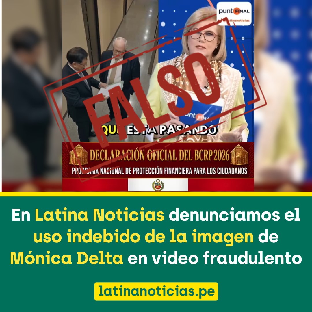 Latina_Noticias's tweet photo. 🔴 A través de las redes sociales, circula un video donde aparece Mónica Delta, conductora principal de Latina Noticias, supuestamente dando el anuncio de que Julio Velarde, presidente del Banco Central de Reserva del Perú (BCRP), acaba de abrir un "fondo de inversión". Sin embargo, se trata de un intento de estafa que busca captar a sus víctimas a través de videos falsos hechos con inteligencia artificial (IA).

En Latina Noticias, alertamos a nuestra comunidad a denunciar este tipo de contenidos maliciosos y evitar su difusión.