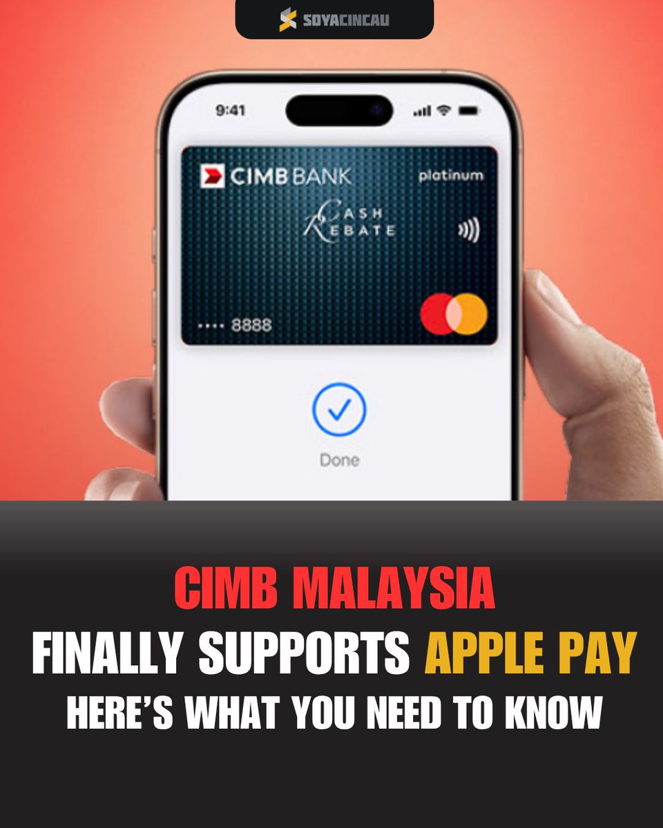 Soya_Cincau's tweet photo. CIMB Malaysia customers can now finally use Apple Pay after 4 long years of waiting!

However, only CIMB Credit Cards can support Apple Pay for the time being. Sorry, debit card holders. 🥲

If your CIMB Credit Card is supported on Apple Pay, you can add your card through CIMB Octo App or Apple Wallet.

In conjunction with the launch, you can now get up to RM118 of cashback when you pay using your CIMB Credit Card through Apple Pay.

For more Apple news: https://t.co/np9uvM10oh

#ApplePay #CIMB #Apple