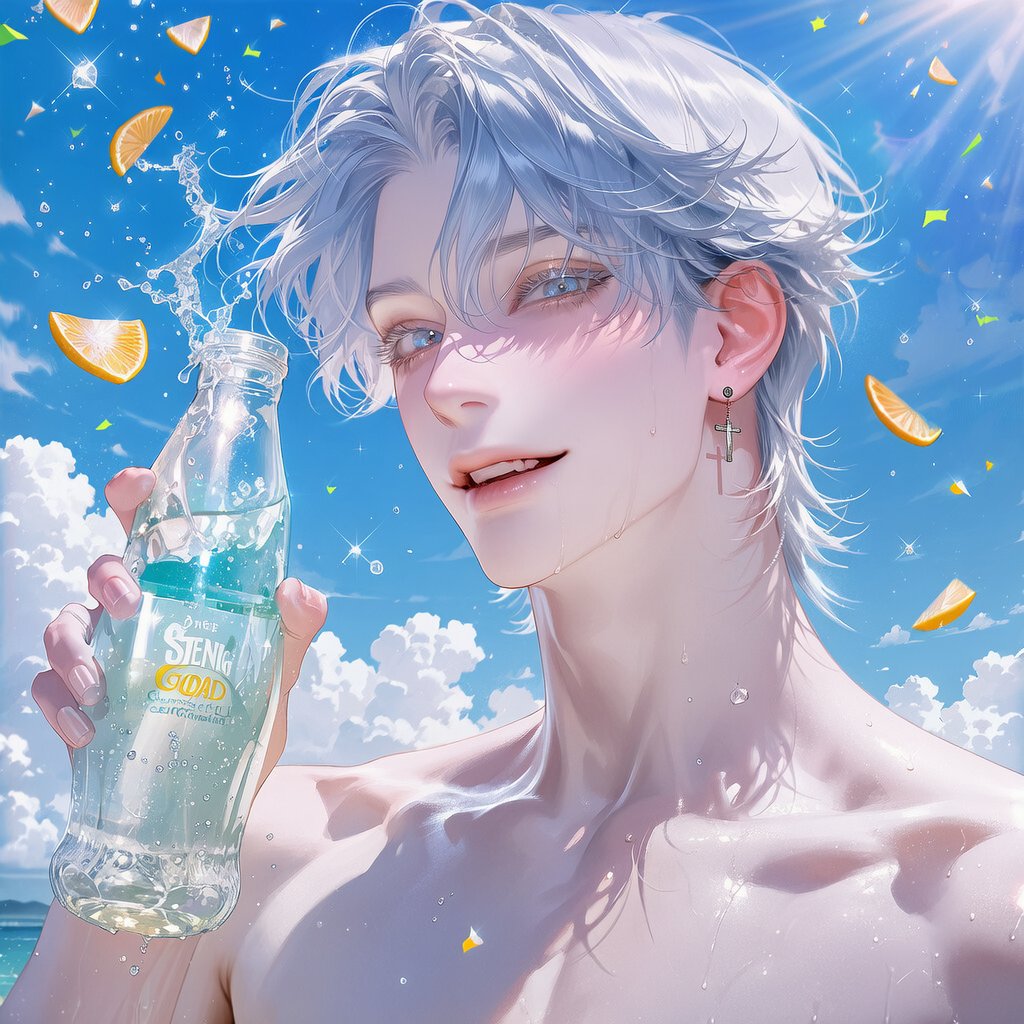 Jin_OAOa's tweet photo. 탄산음료 CF Prompt 

[캐릭터 프롬]

dynamic angle, playful pose, joyful smile, sparkling soda commercial, holding a glass bottle of sparkling soda, popping open the bottle, fizz exploding, splashing sparkling water, flying ice cubes, citrus slices floating in the air, colorful confetti, bright blue sky, fluffy clouds, sunny summer afternoon, vivid colors, refreshing atmosphere, commercial photography, advertisement, cinematic lighting, vibrant, energetic, masterpiece, best quality, very aesthetic