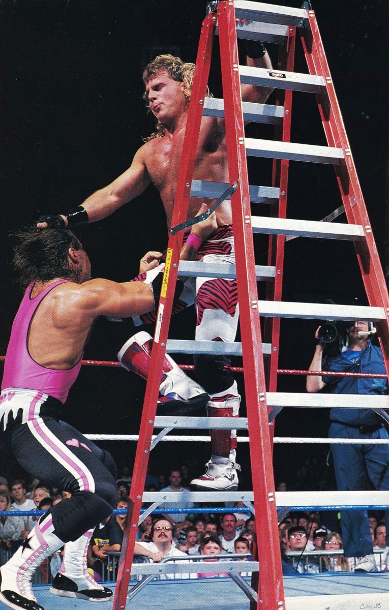 WWFWrestling1's tweet photo. On this day in 1992: The WWF hosted it's first ladder match as Bret "Hitman" Hart defeated Shawn Michaels in a battle for the Intercontinental title. 🪜 #WWF #WWE #SensationalSherri #ShawnMichaels #BretHart https://t.co/KIKnIhZ622