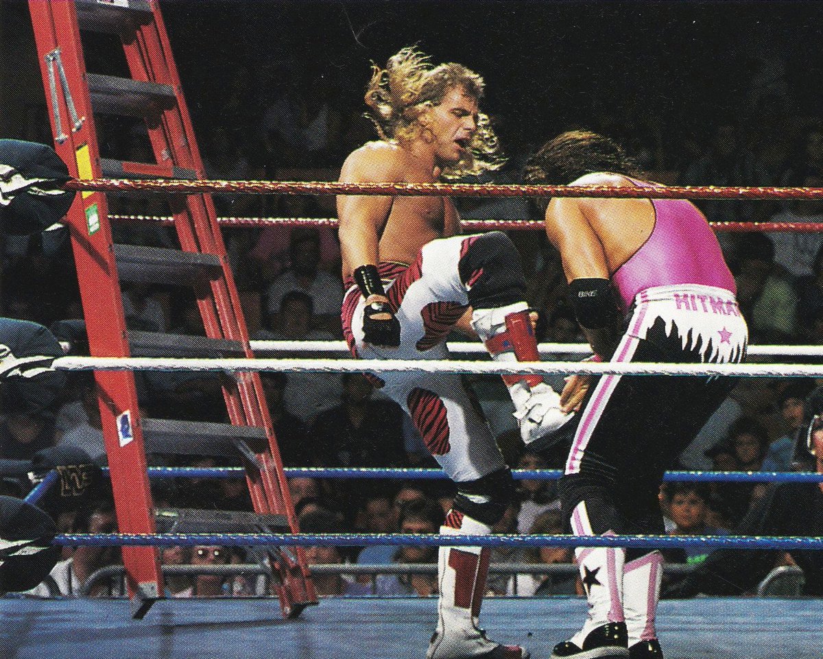 WWFWrestling1's tweet photo. On this day in 1992: The WWF hosted it's first ladder match as Bret "Hitman" Hart defeated Shawn Michaels in a battle for the Intercontinental title. 🪜 #WWF #WWE #SensationalSherri #ShawnMichaels #BretHart https://t.co/KIKnIhZ622