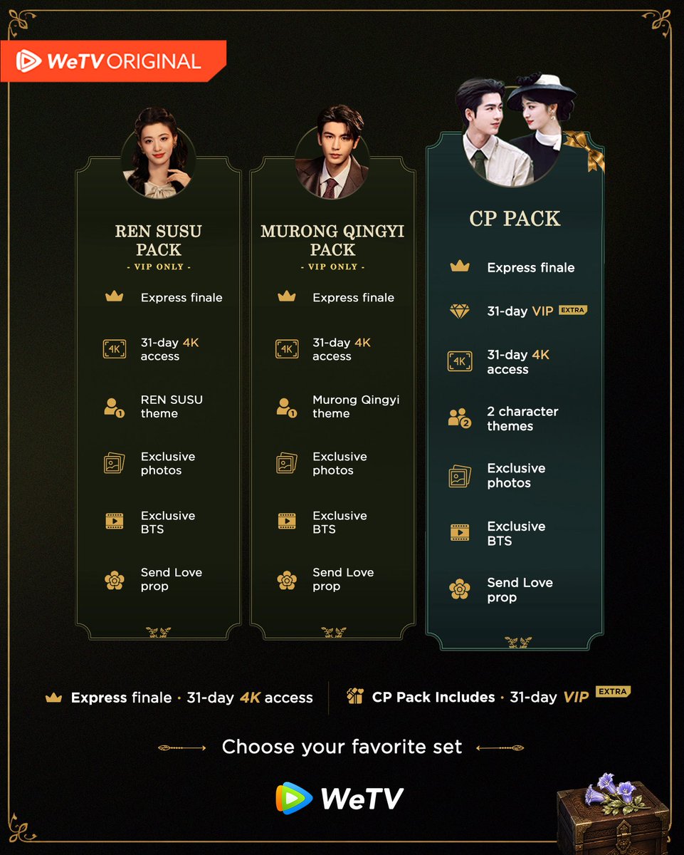 WeTVOfficial's tweet photo. WeTV × OVERDO Exclusive Package is live 💎

🔥 CP PACK — comes with a free 31-day WeTV VIP ✨
🤍 REN SUSU PACK
🖤 MURONG QINGYI PACK

Pick your favorite one set. Grab your props.

⚠️ Upgrade to newest WeTV app version and then binge👇
https://t.co/PgYP89BBBT

#这一秒过火 #OVERDO #WeTV #WeTVAlwaysMore #WeTVOriginal