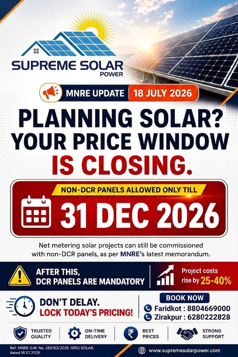mangondara's tweet photo. ☀️ The clock is ticking on affordable solar. After Dec 31, 2026, new MNRE rules make Domestic Content Requirement (DCR) panels mandatory, potentially raising project costs by 25-40%.
​Non-DCR panels are allowed ONLY until then. 
#RenewableEnergy #SupremeSolarPower https://t.co/oMslUtxGuq