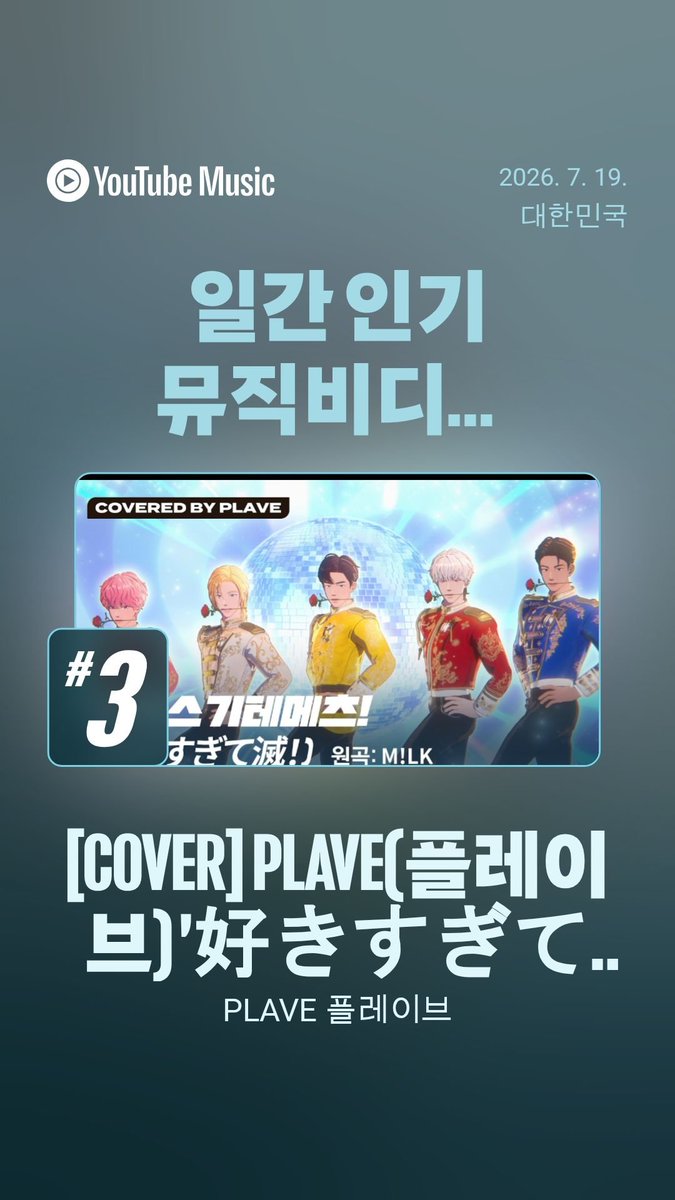 love_is_cherry's tweet photo. *

2026/07/21   PM 01:00
유튜브 일간 인기 뮤직비디오  TOP 100

▫️ 3위.   너무 좋아서 멸망 !
                 ( Covered by. 💙💜🩷❤️🖤 )

▫️ 62위.  변하지 않는 것
                 ( Covered by. 🩷 ) 

ㅡ
🔗https://t.co/ah4eGOcjqY

#플레이브 https://t.co/8uDsa0GeGr