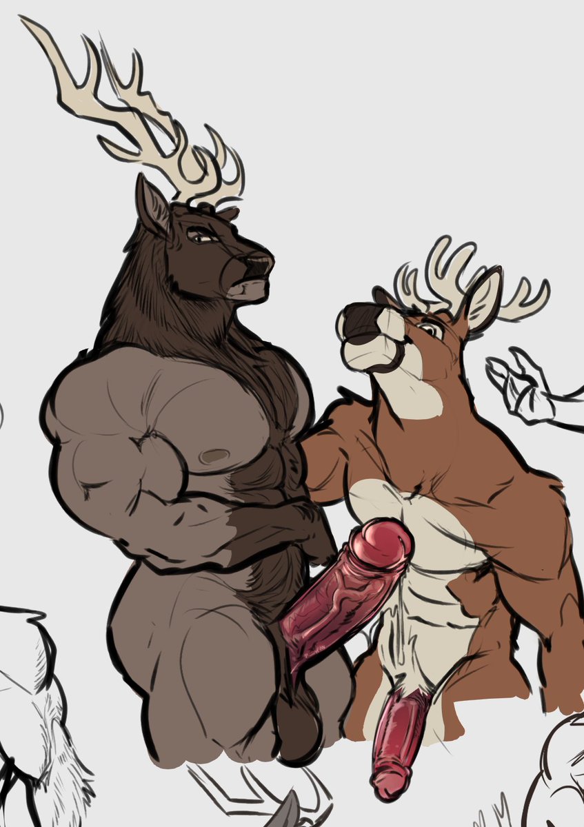 worldeater011's tweet photo. redrew some nothingburger elk and deer hunks from december (1st old ->2&amp;3  new) , feat. my partner's oc as a mule deer

#furryㅤㅤㅤ #furrymuscle #furrybara #bara https://t.co/dG93qeBtpn