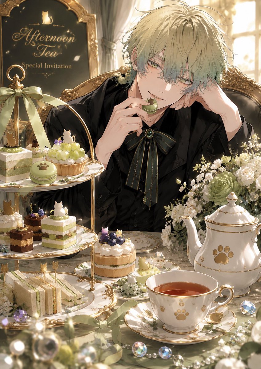 _Konkon9's tweet photo. プロンプト配布 🍰💭（初⁉️）

キャラクターモチーフのアフタヌーンティーポスター風プロンプトです🎶
ChatGPTに画像と一緒に送ってください🌟

こういう系大好き過ぎてつくっちゃった♡
プロンプトはリプにて︎✿
FF外からでもお気軽に〜！引用で見せて貰えたら嬉しいな🫖◝✩ https://t.co/Y3uUbOCJPg