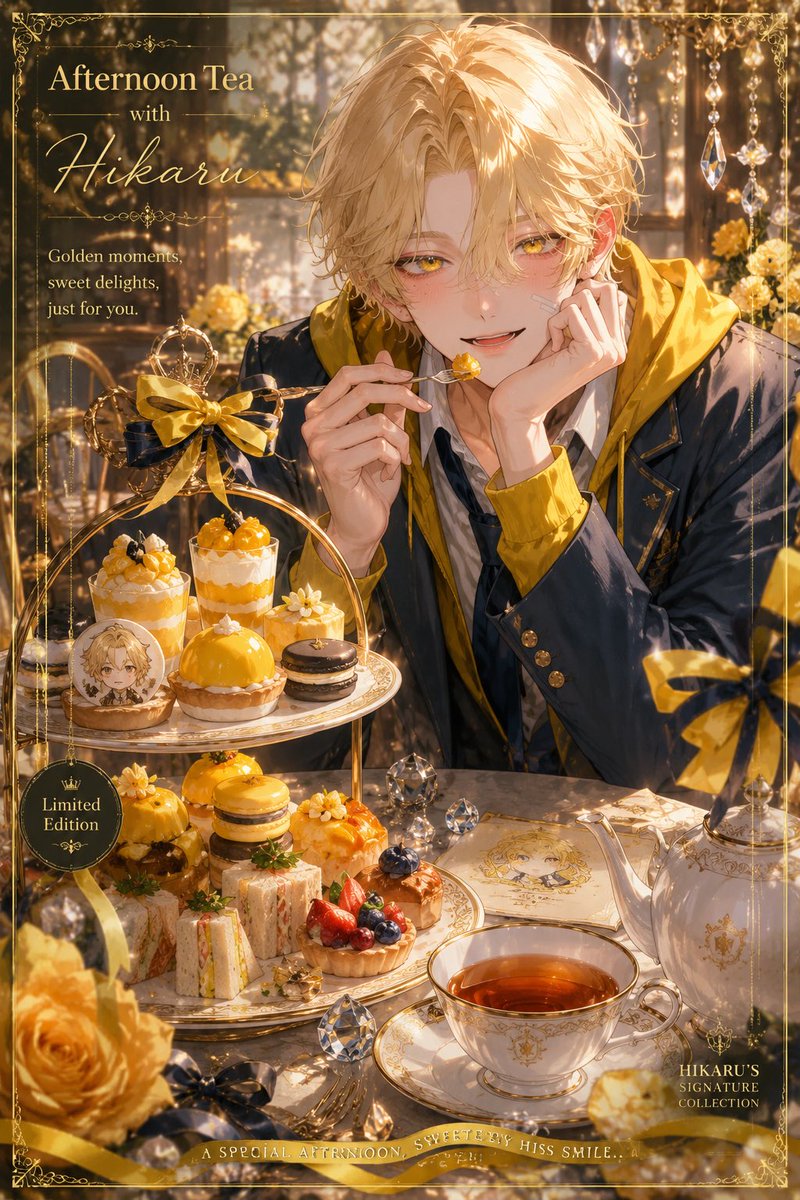 _Konkon9's tweet photo. プロンプト配布 🍰💭（初⁉️）

キャラクターモチーフのアフタヌーンティーポスター風プロンプトです🎶
ChatGPTに画像と一緒に送ってください🌟

こういう系大好き過ぎてつくっちゃった♡
プロンプトはリプにて︎✿
FF外からでもお気軽に〜！引用で見せて貰えたら嬉しいな🫖◝✩ https://t.co/Y3uUbOCJPg