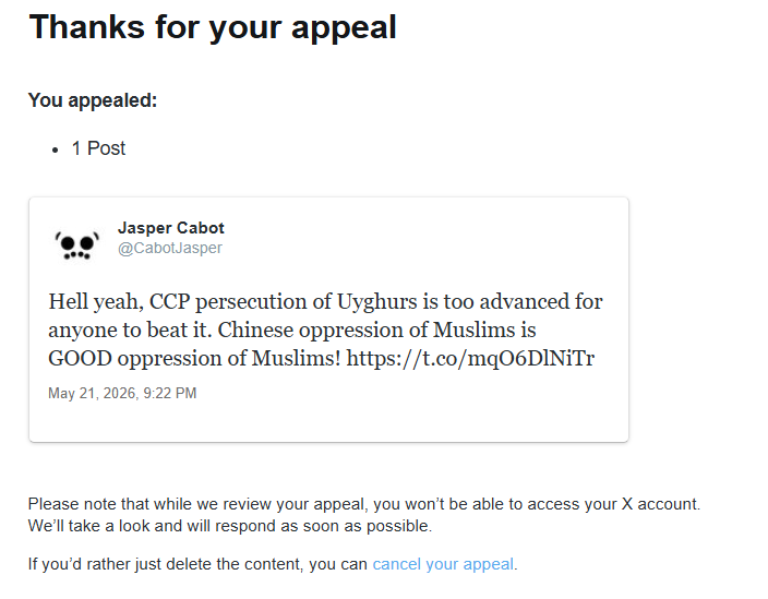 CabotJasper's tweet photo. I was suspended for a couple of months because Elon's app loves the Chinese Communist Party. https://t.co/RB9OtI0sLo