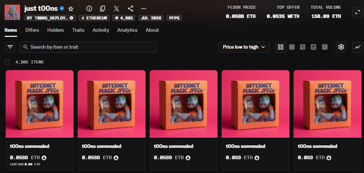 tulipxbt's tweet photo. happy so many GEMs got to mint @just_t00ns 

this collection has some of the best vibes i've seen in a while

quirky characters. a lil goofy. a lil gey.

just g00d vibes all around

158 ETH traded already

0.0588 floor feels kinna cheap no? https://t.co/NXORUHDewr