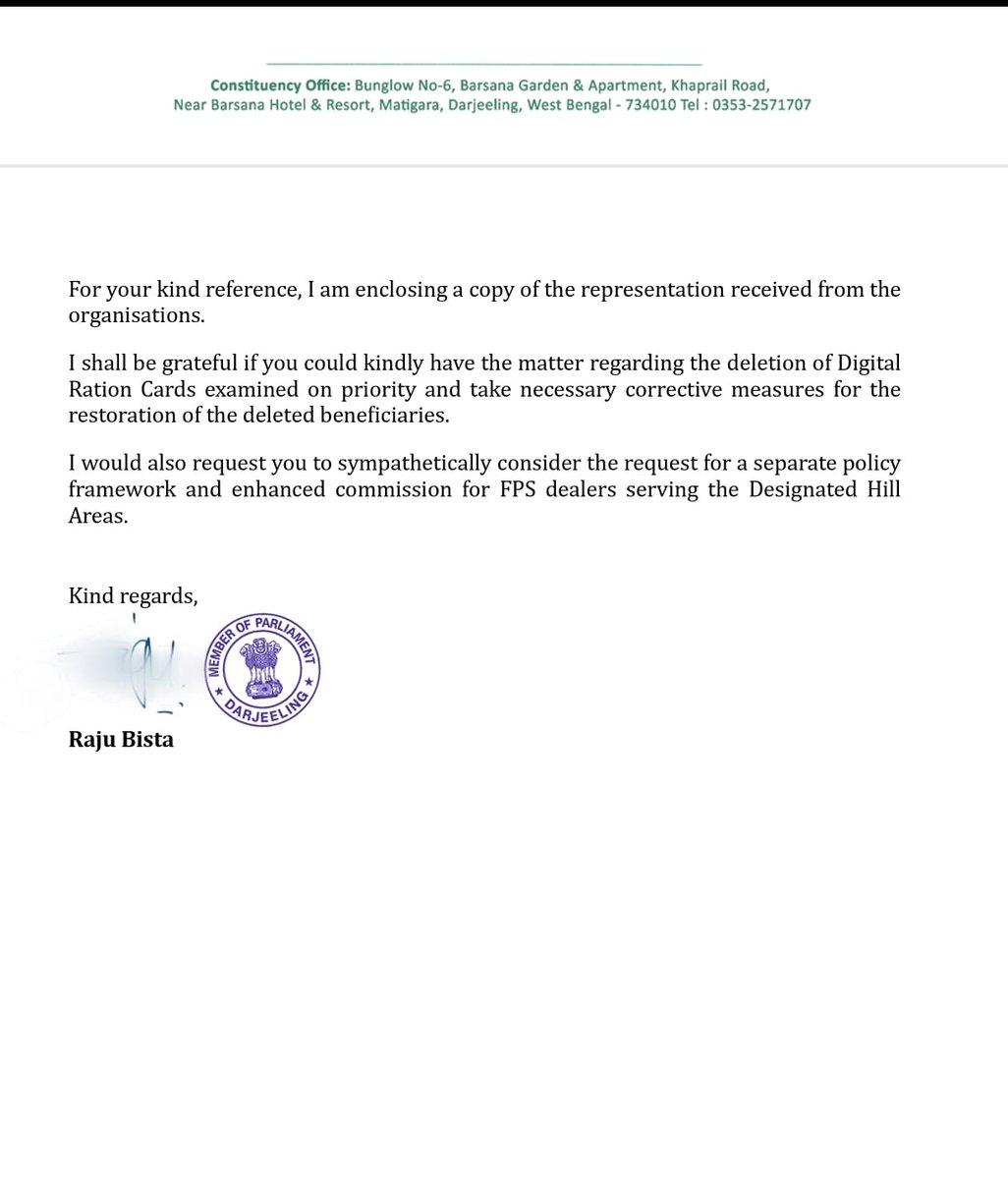 RajuBistaBJP's tweet photo. On behalf of the people from Darjeeling hills, Terai and Dooars I extend my heartfelt gratitude and sincere thanks to the Hon’ble Chief Minister Sh. @SuvenduWB Ji, for his prompt and positive intervention in restoring all Antyodaya Anna Yojana (AAY) ration cards in the our region.

Following concerns raised by various sections of the people, including daily wage earners, senior citizens, women’s groups, students, PDS dealers, BJP Darjeeling and Alliance parties, and several social organisations regarding the sudden deactivation of AAY cards, I had personally reached out to the Hon' Chief Minister and requested his immediate attention to resolve this issue at the earliest. I am deeply grateful that Hon'CM Suvendu Adhikari Ji responded swiftly to our appeal and issued necessary directions to ensure that all AAY ration cards in the Darjeeling hills have been fully restored and activated.

This timely decision will greatly strengthen food security for the most vulnerable and economically weaker families in our region. It reflects the Chief Minister’s commitment towards the welfare of the people of the hills and his sensitive approach to addressing genuine grievances.

On behalf of the people, I once again thank the Hon’ble Chief Minister for his people-friendly governance. We are confident that under his leadership, the aspirations and basic needs of the hill people will continue to receive priority attention.

I also urge all AAY card holders and the general public to share this important information widely with their families, friends, and neighbours so that every beneficiary is fully aware of this positive development.
