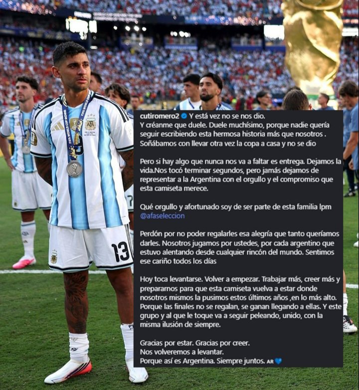 porqueTTarg's tweet photo. "Cuti Romero"

Por el mensaje del defensor argentino tras la final del Mundial: "Las finales no se regalan" https://t.co/EBcsJQhMiB