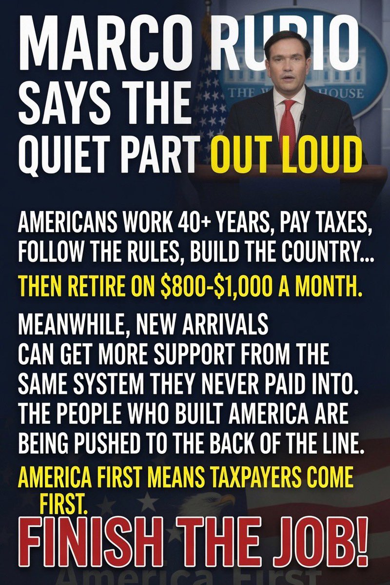 Sassafrass_84's tweet photo. Secretary of State Marco Rubio really did say the quiet part out loud.

Time to finish the job: Secure the border and deport the illegals who shouldn’t be here.

No more excuses. No more catch-and-release. 

America First means enforcing our laws and protecting our citizens. https://t.co/9UYBxdQ6wW