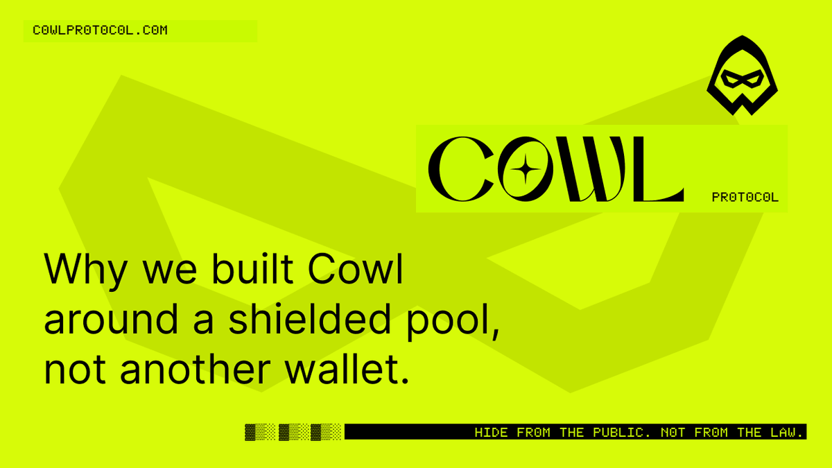 cowlprotocoll's tweet photo. Why we built Cowl around a shielded pool, not another wallet.

Robinhood Chain shipped on July 1 with almost everything a serious market needs. Tokenized stocks trading around the clock in 120+ countries. 100ms blocks. Chainlink CCIP and Data Streams and Data Feeds live on day one. Uniswap and 1inch and Lighter there from the start. The testnet cleared 200 million transactions before any of it went live, and 13,900 contracts landed in the first week of mainnet.

This is not an experiment. It is a functioning market.

It shipped with no privacy at all.

Not weak privacy. None. Read the docs. There is no ZK, no shielded pool, no confidential transfer, nothing announced and nothing pending. Your positions settle on a public explorer exactly like any other EVM chain, except what is sitting in the open now is your equity book.

It goes past public. Chainalysis screens every token transfer on thechain, and it did not stop at screening. Reactor is there too, the investigation product, the one that draws your transaction paths as a graph and walks individual transfers back to a counterparty. TRM runs alongside it. Robinhood Chain did not merely leave your book visible. It shipped with the tooling to read it already installed.

Then the sequencer. One of them, run by Robinhood, ordering transactions first come first served. Set the decentralization argument aside, because for tokenized equities the problem is simpler and worse than that: a single party sees your order before it settles.

And people are already working it. Stalkchain published a guide on how to follow wallets on Robinhood Chain. Wallet stalking there is not a future risk somebody is warning about. It is a tutorial.

Put it together and here is your real position as a trader. You are trading actual equities, on a fast chain, with your entries and exits and P&L published in real time to anyone curious enough to look, screened as they land, and visible to the sequencer a beat before they settle. Nobody is doing anything wrong here. This is just what the chain does by default, to everyone on it.

That is the gap. It does not close by moving to a fresh address, because the deposit funding that address is public too.

Cowl closes it.

Shield your USDG or your tokenized stock and the balance moves into a ZK shielded pool and leaves the explorer. What stays on-chain is a commitment, not a number anyone can read. You receive into a stealth address derived under ERC-5564, so funds arriving for you carry no path back to your main wallet. You trade through a gasless relayer, so your address never enters the mempool and the sequencer gets nothing of yours to order ahead of.

Your view key is the only thing that turns any of it back into readable history, and it never leaves your keystore.

Now the part people assume we skipped. Robinhood Chain is compliance first, and we did not build against that. We built for it. Selective disclosure means you hand your view key to an auditor or a regulator and they read exactly what they are owed, in full, while nobody else reads anything. You stay answerable. You just stop broadcasting to the crowd while you are.

A chain that screens every transfer and a trader who keeps positions private are not in conflict. Cowl is the proof.

Where we are: Robinhood Chain testnet. Stealth addresses and view keys work today. The shielded pool and private trading go through a full audit before mainnet.

Hide from the public. Not from the law.

Read the docs at https://t.co/JfzAa9o6BJ
CLI Repo for early testing https://t.co/fslCI8IuyI