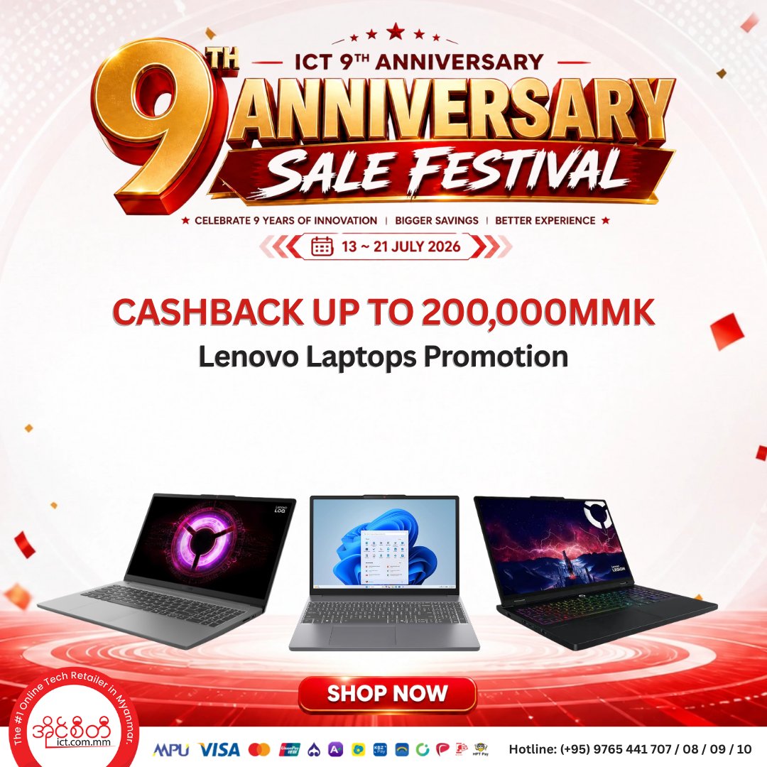 MyanmarICT's tweet photo. Lenovo Laptops တွေကို လျှော့စျေး အမိုက်စားတွေနဲ့ ဝယ်ဖို့ Ready ပဲလား❓

👉 ဒီ Link မှာ အခုပဲဝယ်ယူလိုက်ပါ » https://t.co/RizB6LmT2X

✨Enjoy Shopping✨
Team https://t.co/v96CAejun2
#ShopICT #Myanmar #1OnlineTechRetailer #9thAnniversary #Sale #Lenovo #Laptops #CashbackOffer https://t.co/j1GCkSgCgH