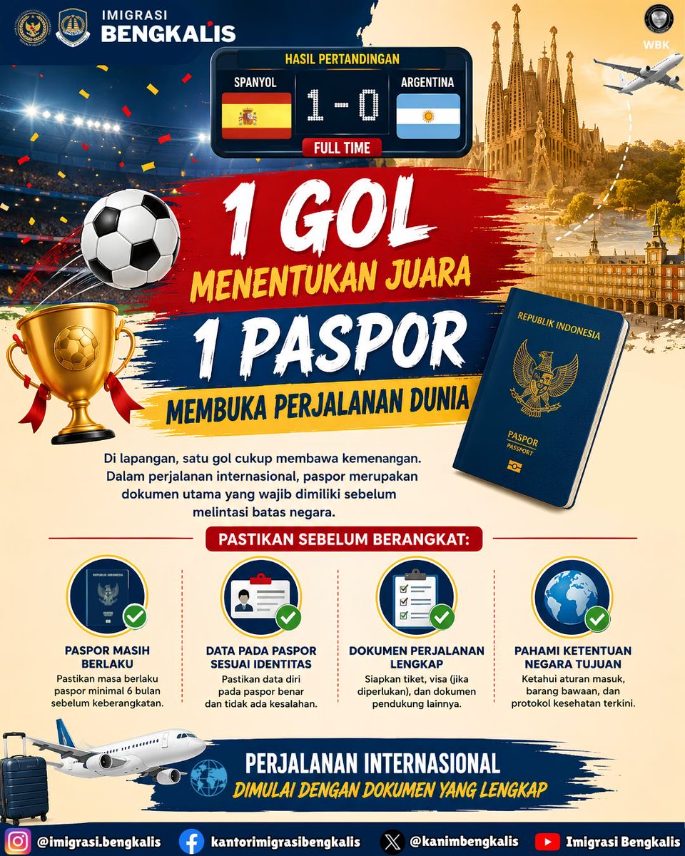 kanimbengkalis's tweet photo. Hai Sobat Mido !

🇪🇸 Spanyol unggul 1-0 atas Argentina! ⚽🏆

Satu gol mampu menentukan juara. Begitu juga satu paspor yang bisa membuka pintu menuju berbagai negara di dunia.

Paspor bukan sekadar dokumen perjalanan, tetapi identitas resmi yang memudahkan Anda menjelajahi dunia! https://t.co/OilTkoUzW1