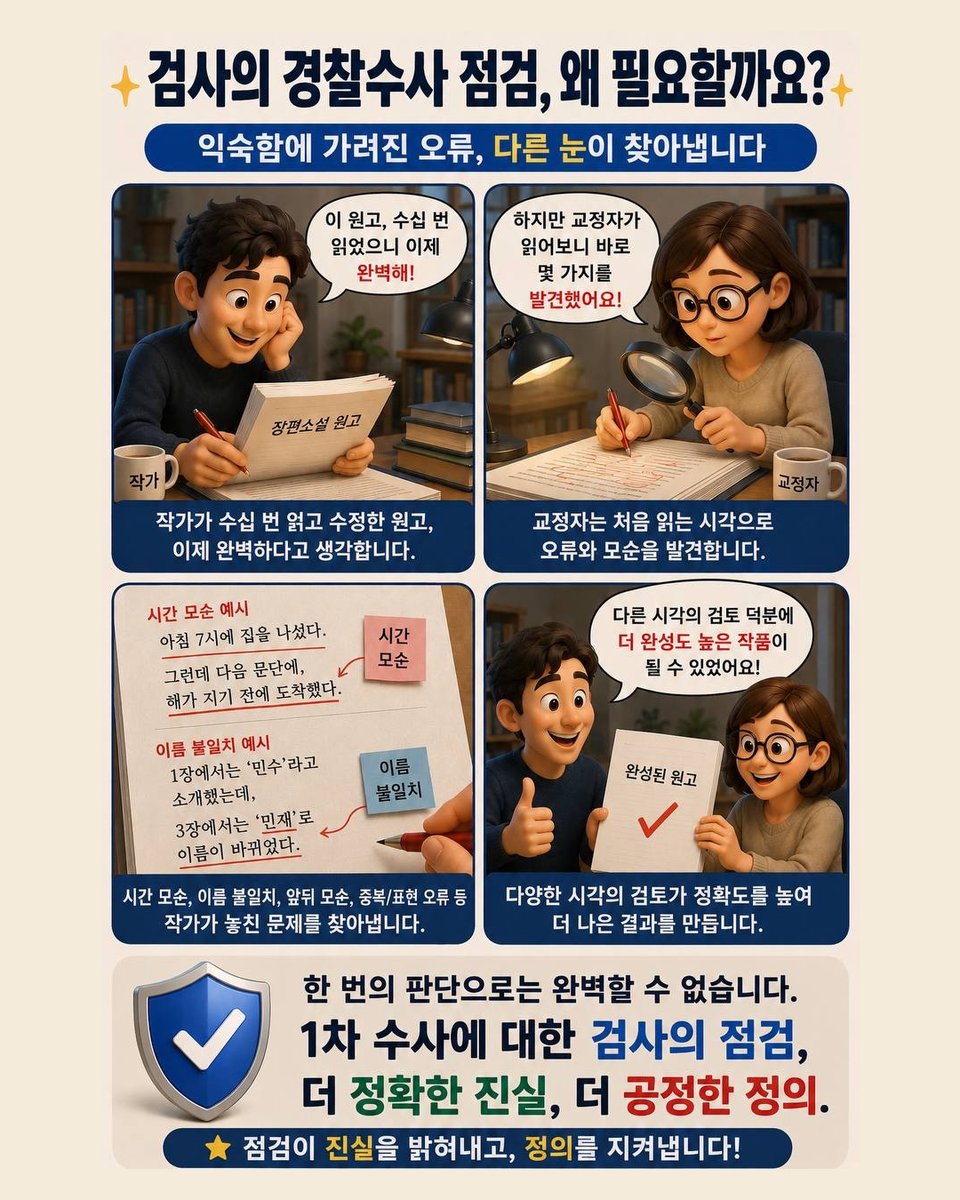 spo_gov's tweet photo. 검사의 경찰수사 점검, 왜 필요할까요?

한 번의 판단으로는 부족합니다.
검사의 전건송치와 보완수사는 진실을 지키고, 정의를 완성하는 제도입니다. https://t.co/jTb5IDld2Z