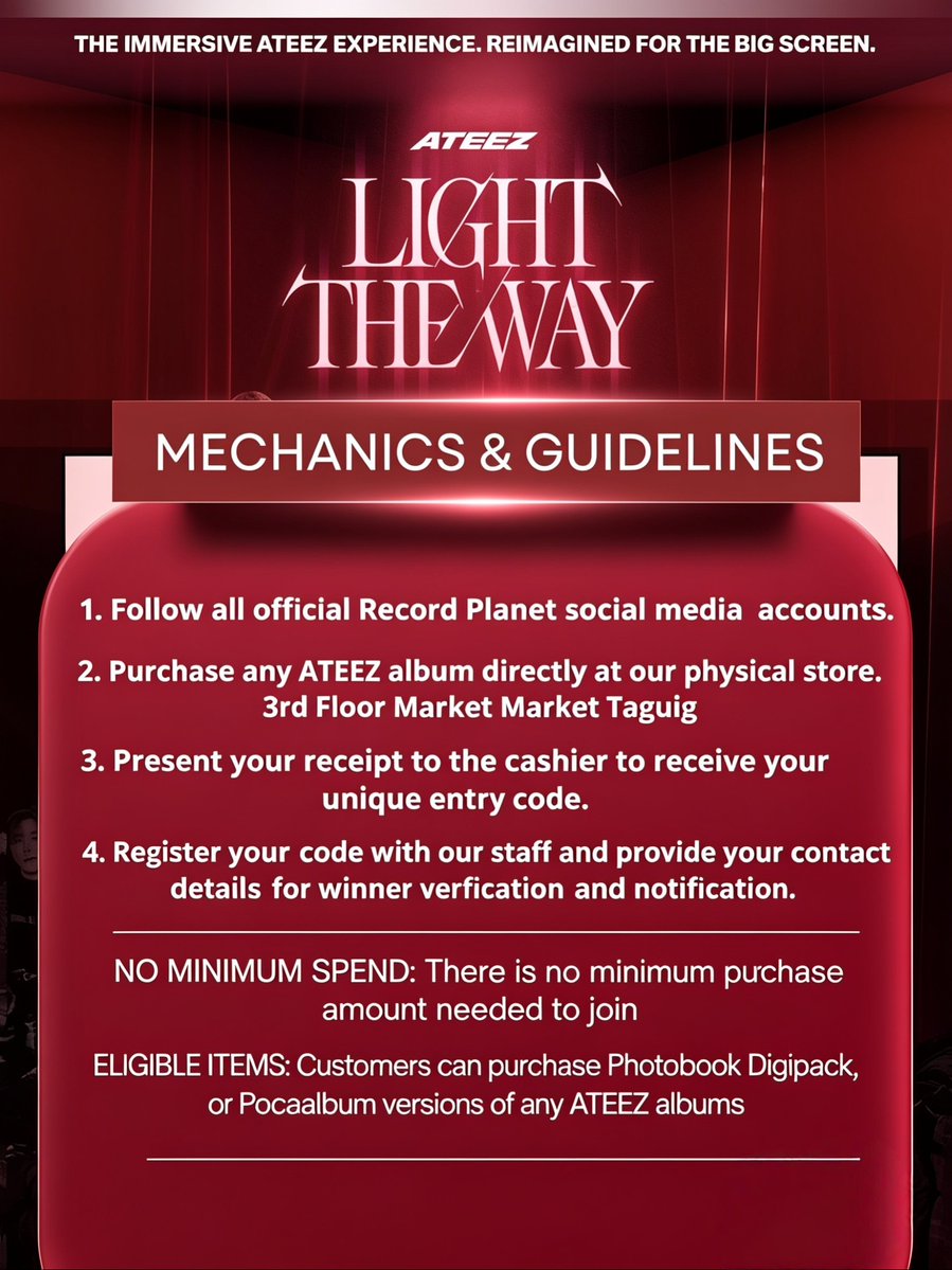 Recordplanet_ph's tweet photo. TICKET GIVEAWAY ALERT! ATINY! ✨
 
We’re giving away 4 Cinema tickets for the ATEEZ: LIGHT THE WAY block screening at
📍 SM North EDSA Cinema 5 on August 8! 🎬

✨ In partnership with @ATZ_Manila 
 
🗓️ Entry: July 16 – Aug 2, 2026
🏆 Announcing winners August 3, 2026 https://t.co/LHFgzta7KR