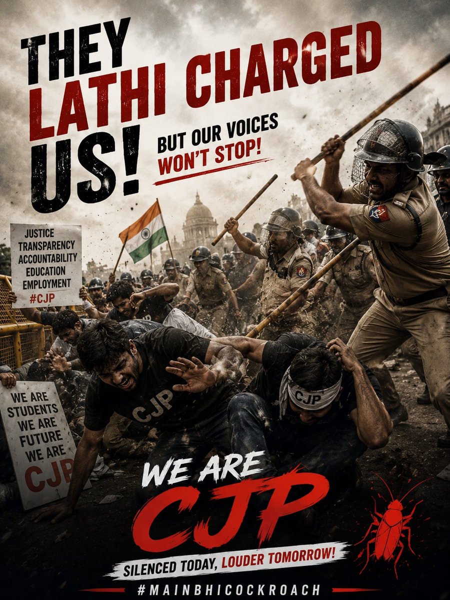 FocusNewsIND's tweet photo. They Lathi Charged Us! 
But our Voices Won't Stop! 
We are CJP 
#DharmendraPradhanResign #CJPProtest #संसद_मार्च https://t.co/ha3z62bYNn