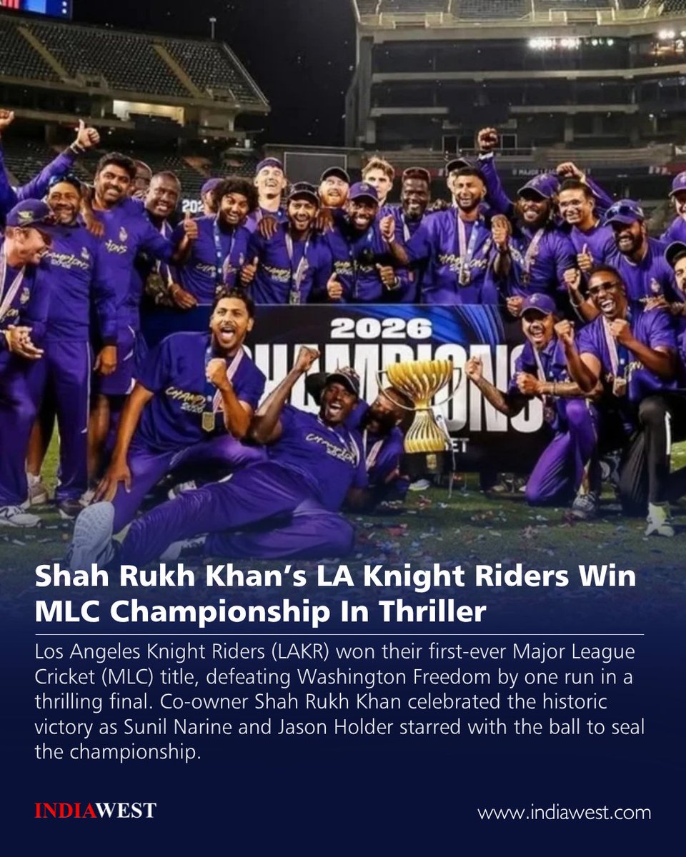 indiawestnews's tweet photo. Shah Rukh Khan’s LA Knight Riders Win MLC Championship In Thriller
Full Story: https://t.co/BTMDl8PwHa
#ShahRukhKhan #LAKnightRiders #MLC #MajorLeagueCricket #Cricket #MLCFinal #LosAngeles #CricketNews #SportsNews #LatestNews #BreakingNews #IndiaWest #NewsUpdate #SRK https://t.co/c98DxsXzmC