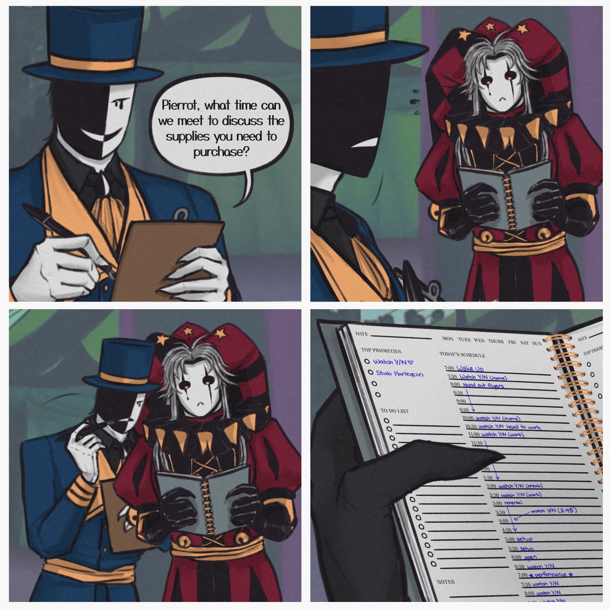 Rising_Tide_0's tweet photo. he seems pretty busy 
(parts in comments so you can actually see the text lmaoo)

#thefreakcircus #pierrot #tickettaker https://t.co/7giJIHZvsV
