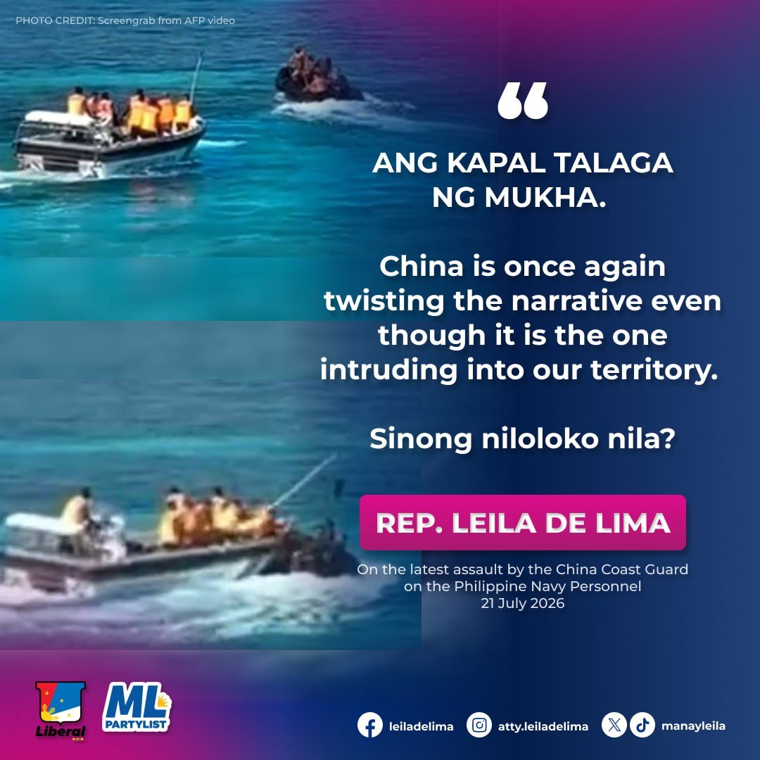 manayleila's tweet photo. ANG KAPAL TALAGA NG MUKHA. 

China is once again twisting the narrative even though it is the one intruding into our territory. 

Sinong niloloko nila? Anong gusto nilang mangyari --  magwalang-kibo lang ang ating mga sundalo habang nanghihimasok sila at naglalamyerda sa ating soberanya? 

Kahit bali-baligtarin nila ang totoong nangyari, hindi uubra ang palusot nila. Hindi naman ito ang unang beses na gumawa sila ng kabulastugan at karahasan at pagkatapos ay hindi sila aamin.

Yung mga pagbangga sa mga barko at bangka ng Pilipinas tapos palalabasin pa na kasalanan ng mga Pilipino. Yung pambobomba ng tubig sa ating mga barko at mga mangingisda pati na yung panghaharang nila sa ating mga resupply mission, pero kaibigan daw natin sila. Yung 10 years na mula nang nanalo tayo sa kaso sa Permanent Court of Arbitration na kumikilala sa karapatan ng Pilipinas sa West Philippine Sea, pero pilit pa rin nilang inaangkin hanggang ngayon gamit ang mga imbentong linya. 

Yes, some Philippine officials have chosen to remain silent, turn a blind eye, and even defend China’s hostile acts, lies, and encroachment on our territories, but they cannot deceive the majority of Filipinos who genuinely care and stand up for the Philippines and our countrymen. 

Umaasa po tayo sa agarang paggaling ng nasugatan nating mga sundalo sa panibagong karahasang ito ng China. Saludo po kami at taos-pusong nagpapasalamat sa tapang at kahandaan ninyong ipagtanggol ang ating teritoryo.

Paulit-ulit rin ang ating panawagan sa Pangulo at sa kanyang administrasyon: Bukod sa dagdag na kapasidad at kagamitan para sa pagpapatrolya at pagdepensa sa ating mga teritoryo, tumbasan pa natin ng mas matapang na aksyon ang pambubully at pang-aalipusta ng China. Kung walang pakundangan ang China sa panggigipit at panghihimasok nila, hindi na sapat ang mga tugon na para bang tinatantya pa natin ang mararamdaman nila.

Ipagtanggol natin ang Pilipinas. Protektahan natin ang mga Pilipino.