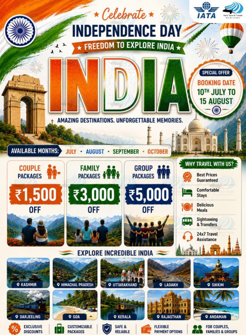 aahiltours's tweet photo. Celebrate Independence Day with unforgettable journeys across India! 🇮🇳 Enjoy special discounts on Couple, Family, and Group Packages to top destinations. Book now and create lasting memories with Aahil Tours &amp; Travels.    
+91-8368803077 | +91-9580828826 https://t.co/wP9GvIqKQz