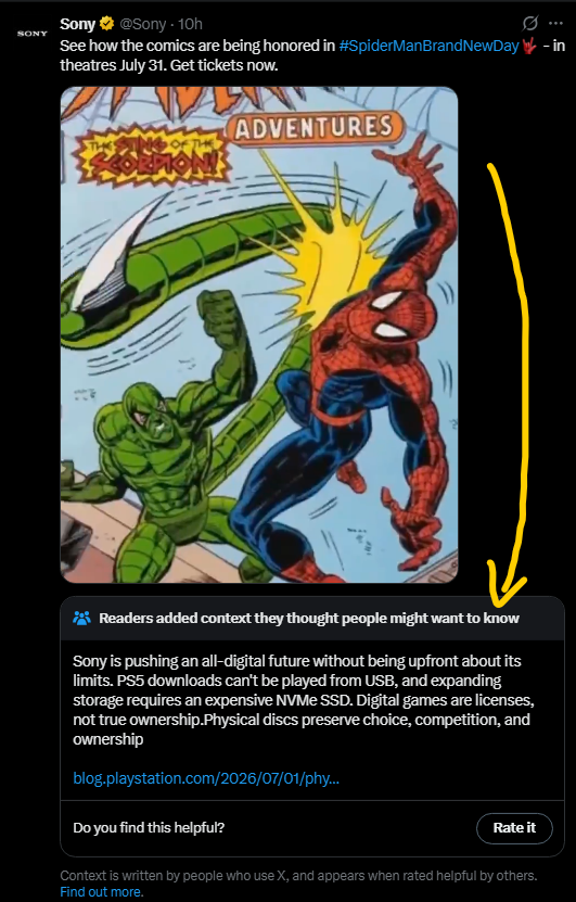 RickKackis's tweet photo. SONY Can't even promote Spider-Man without getting lit up in the comments and Community Noted lol https://t.co/GbPswbADJP