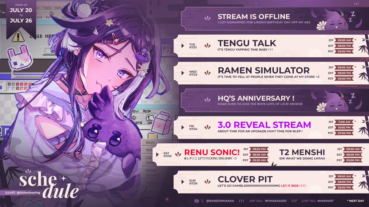 banzoinhakka's tweet photo. 🔅STREAM SCHEDULE🔅
✦•••☼•••✦

I LIED. IT'S SCHEDULE TIME NOW BABY 🗓️✨

IT'S TIME FOR HQ'S ANNIVERSARY WEEK 🌟

LOTS OF COOL THINGS TO DO THIS WEEK HEH 🥹 

IT'S 3.0 TIME, KARAOKE TIME, SILLY GAMES TIME , YAPPING TIME &amp; SO MUCH MORE 🐦‍⬛🔥

LET'S BALL MY HAKKITOS 🏀‼️ https://t.co/pkV5sn4W95