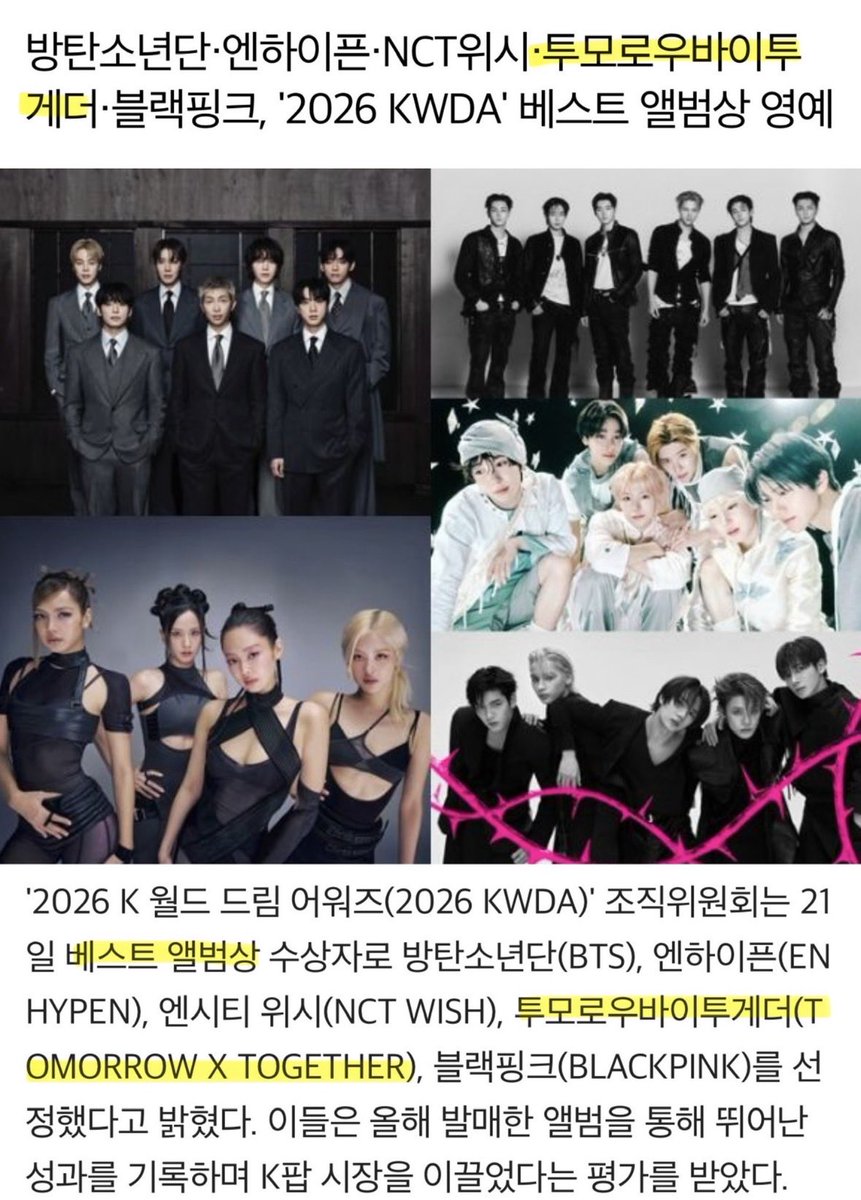 astrozzn's tweet photo. OMG TXT WON AN AWARD??

for the 2026 K-World Dream Award they announced the winners for the Best Album Award early and TXT was amongst the winners!! https://t.co/age8NSpdAQ