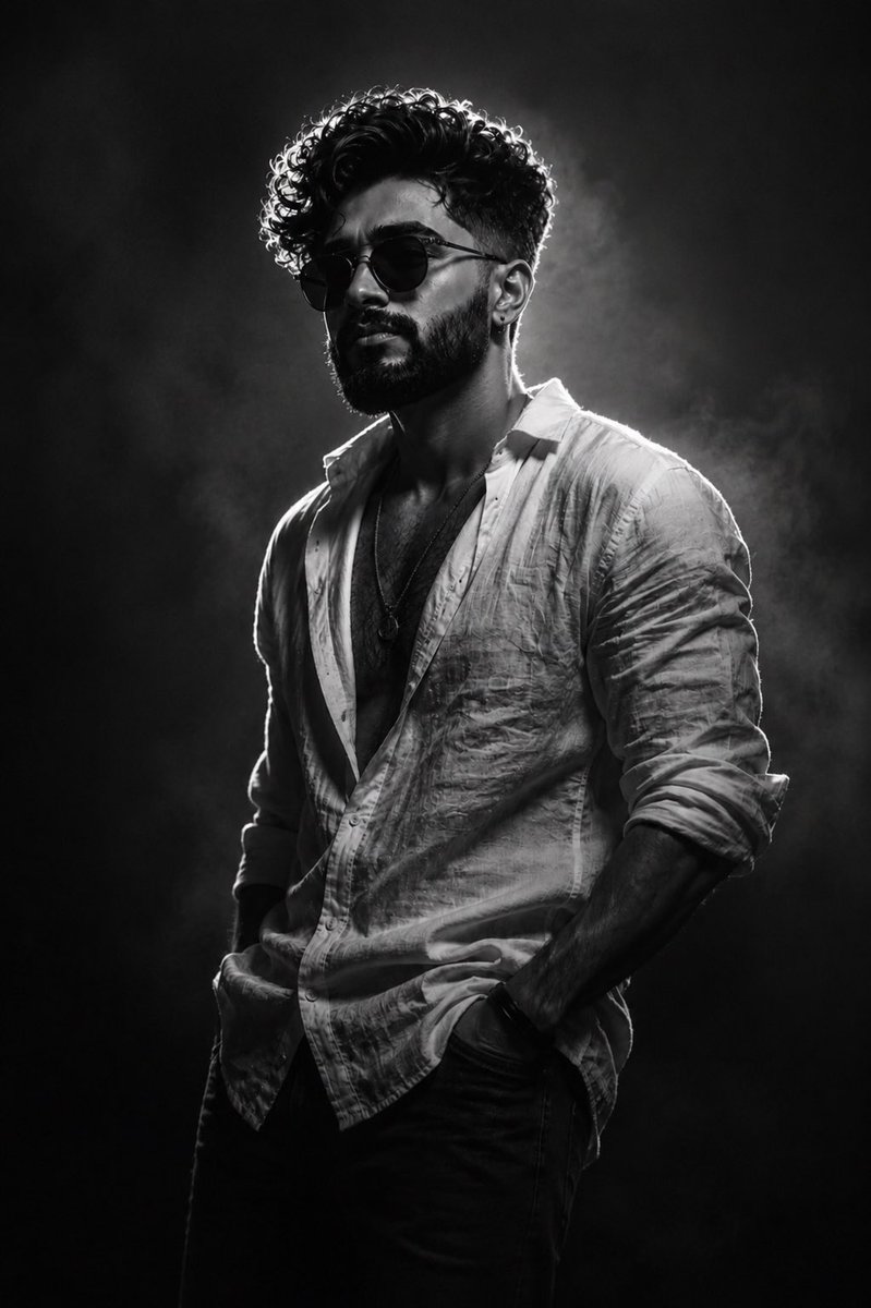 MishariMB's tweet photo. تبون چذي ؟؟
- حطوا صوركم بـChatGPT
- حطوا هالـPrompt:

Ultra-realistic cinematic black and white portrait of a reference picture wearing black
sunglasses. Dramatic rim lighting from behind creates a glowing outline around head
and shoulders, with deep shadows across the face.
Moody studio background, high contrast, film noir style, 85mm portrait, f/2.0, shallow depth of field, fine grain, ultra detailed, professional photography,
emotional, mysterious and stylish atmosphere.