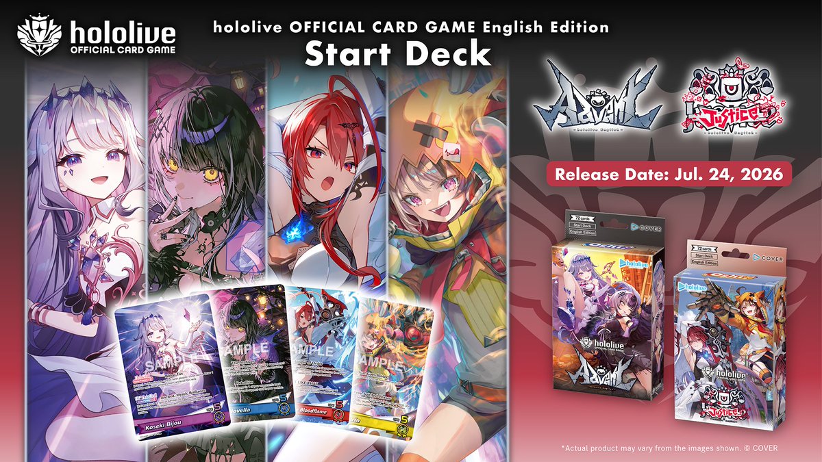 hololive_OCG_EN's tweet photo. 🎉 #hOCG Release Countdown 🎉
The English Edition of Start Decks: Oshi Advent &amp; Oshi Justice are now available!

🔗 Product Details:
https://t.co/5Sl2a7zro5

📍 Find a store near you:
https://t.co/7UJRfaR5Ed

#hololive https://t.co/OCnMyRfEqe