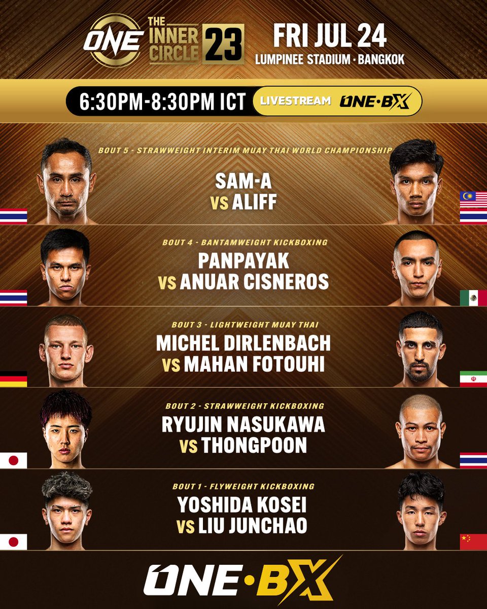 onebx_offical's tweet photo. #TheInnerCircle23 goes live this Friday Jul 24 at 6:30PM ICT with a STACKED card, headlined by the ONE Interim Strawweight Muay Thai World Title showdown between Aliff and Sam-A 👑

Watch LIVE and stream every match right here!
👉 [https://t.co/AbhLI0Dqpx]
#ONEChampionship #ONEBX https://t.co/1eowGklBG6