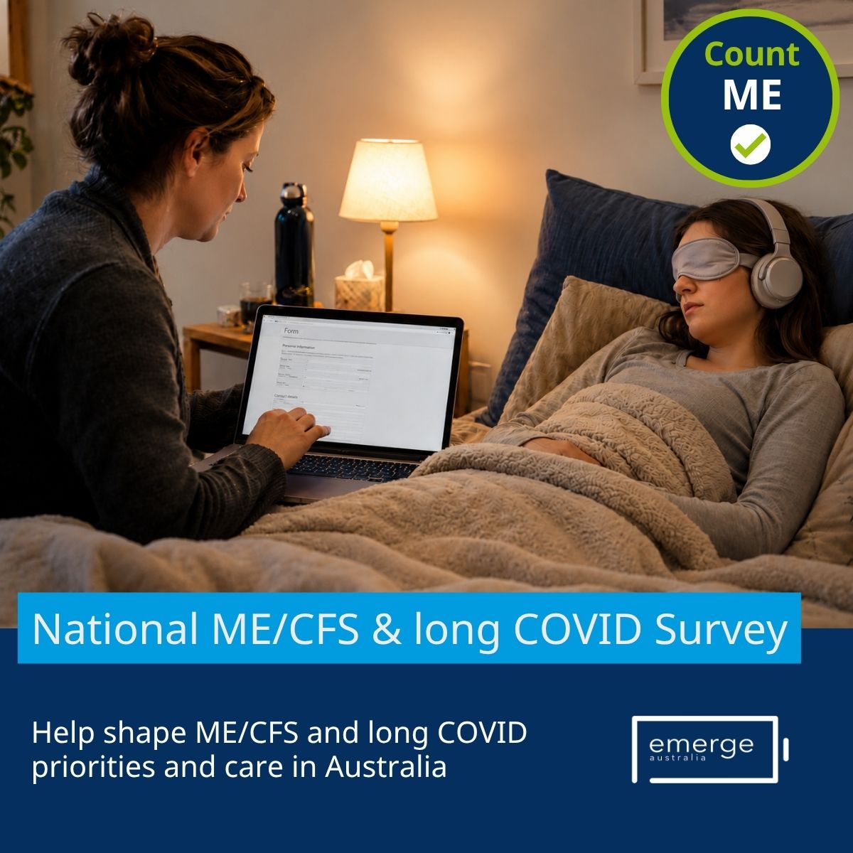 EmergeAus's tweet photo. If you live with #MECFS or #longCOVID in Australia, #EdithCowanUniversity &amp; #EmergeAustralia invite you to take part in a confidential online survey. What you share can help improve understanding, care, support and future research. 
Take part: https://t.co/WVwZbDhRAy  
#countME https://t.co/yRNiOmQvlR
